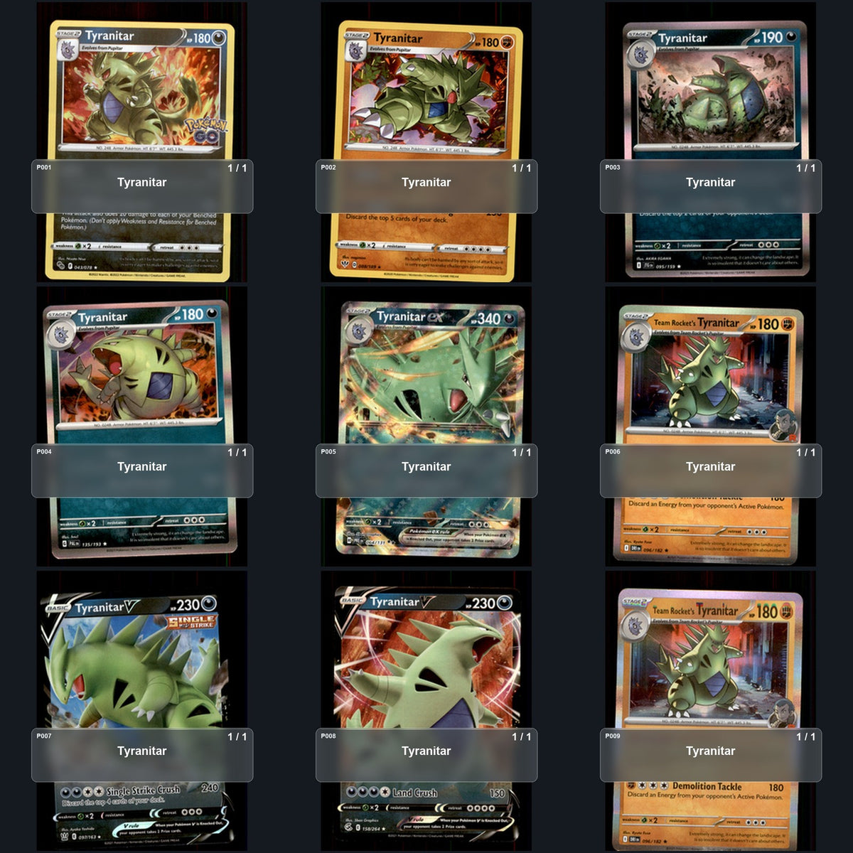 Pokemon TCG Tyranitar Pokemon Species Collection 9 Different Cards Collection