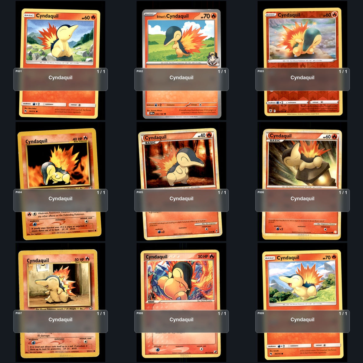 Pokemon TCG Cyndaquil Species Collection 9 Different Cards