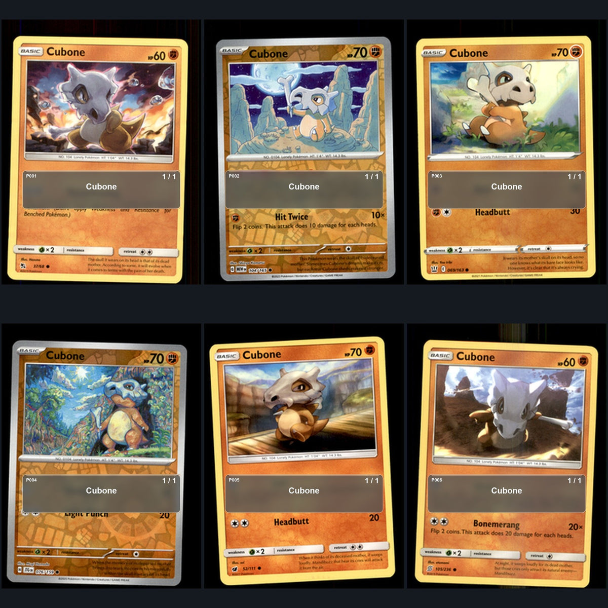 Pokemon TCG Cubone Species Collection 6 Different Cards