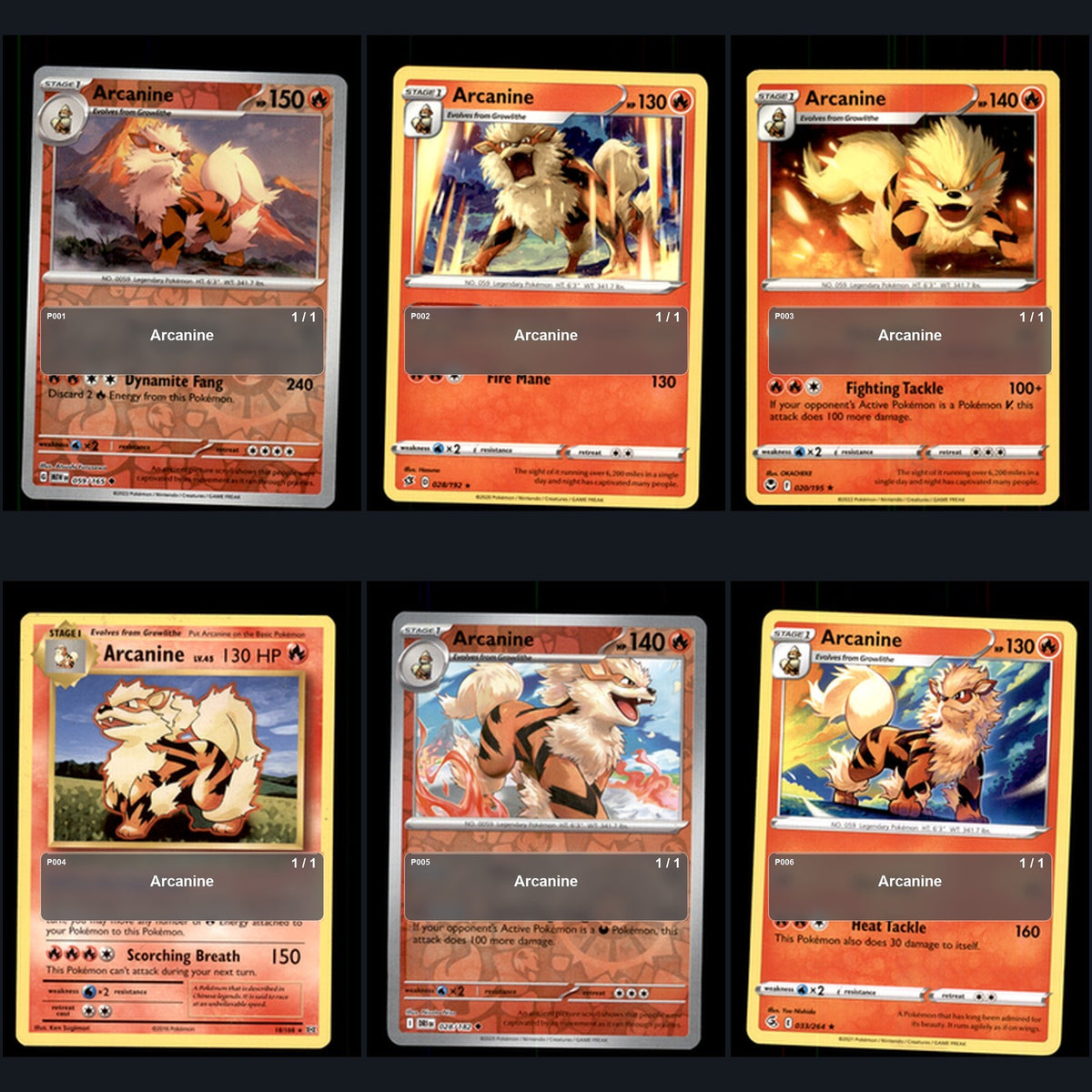 Pokemon TCG Arcanine Species Collection 6 Different Cards