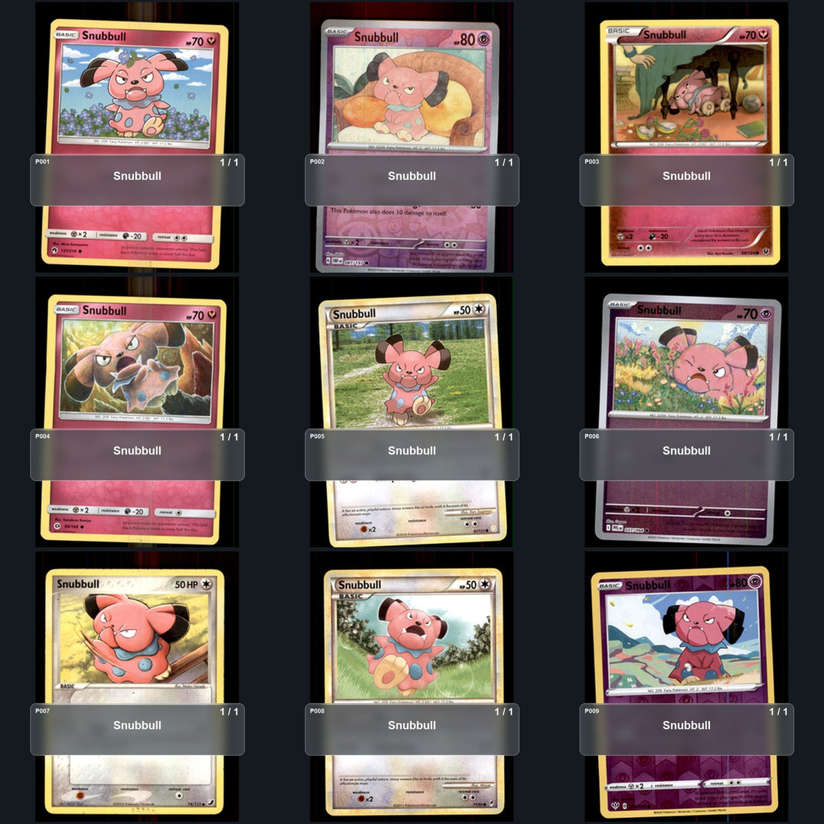 Pokemon TCG Snubbull Species Collection 9 Different Cards