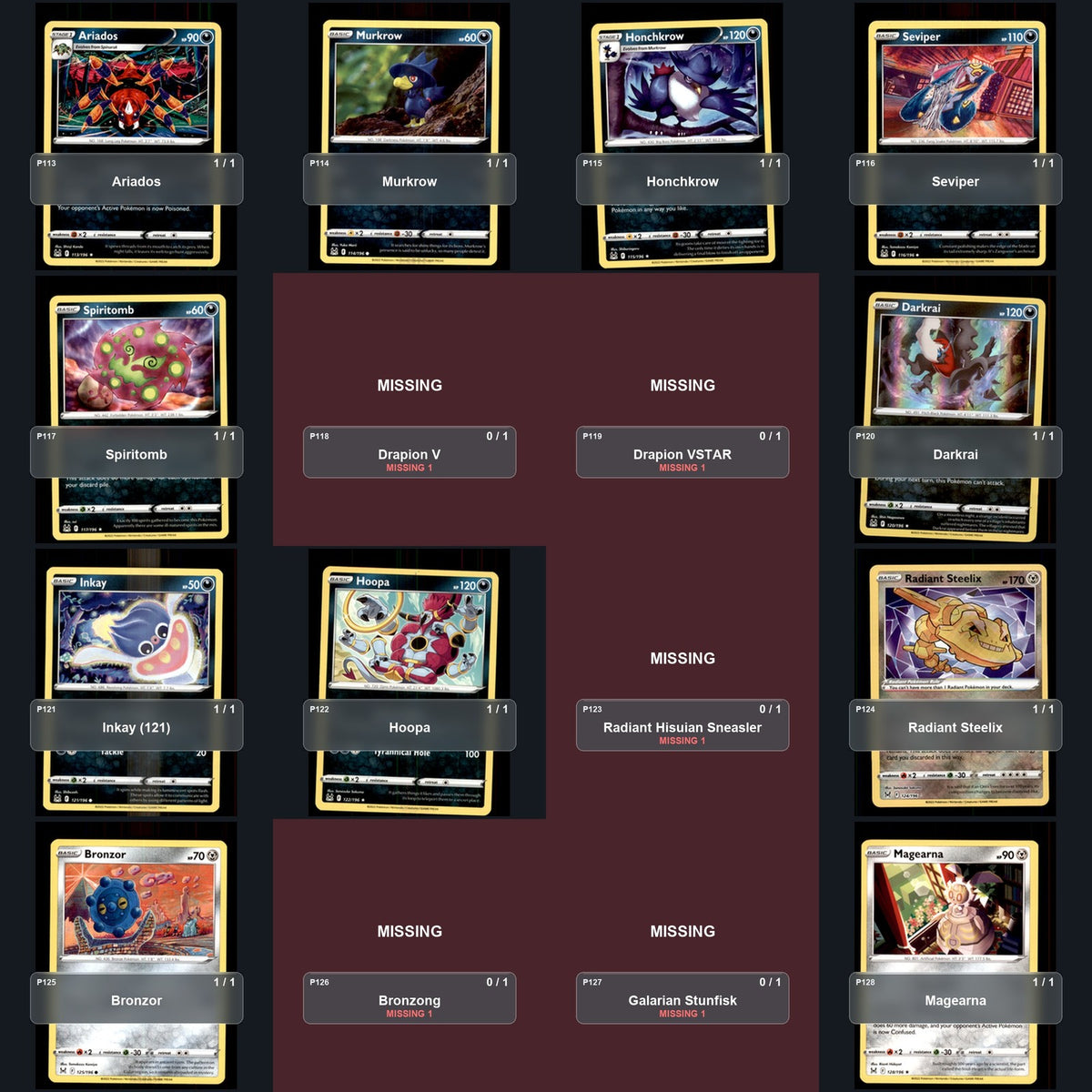 Pokemon TCG SWSH11: Lost Origin Partial Master Set Lot 189 Cards Master Set