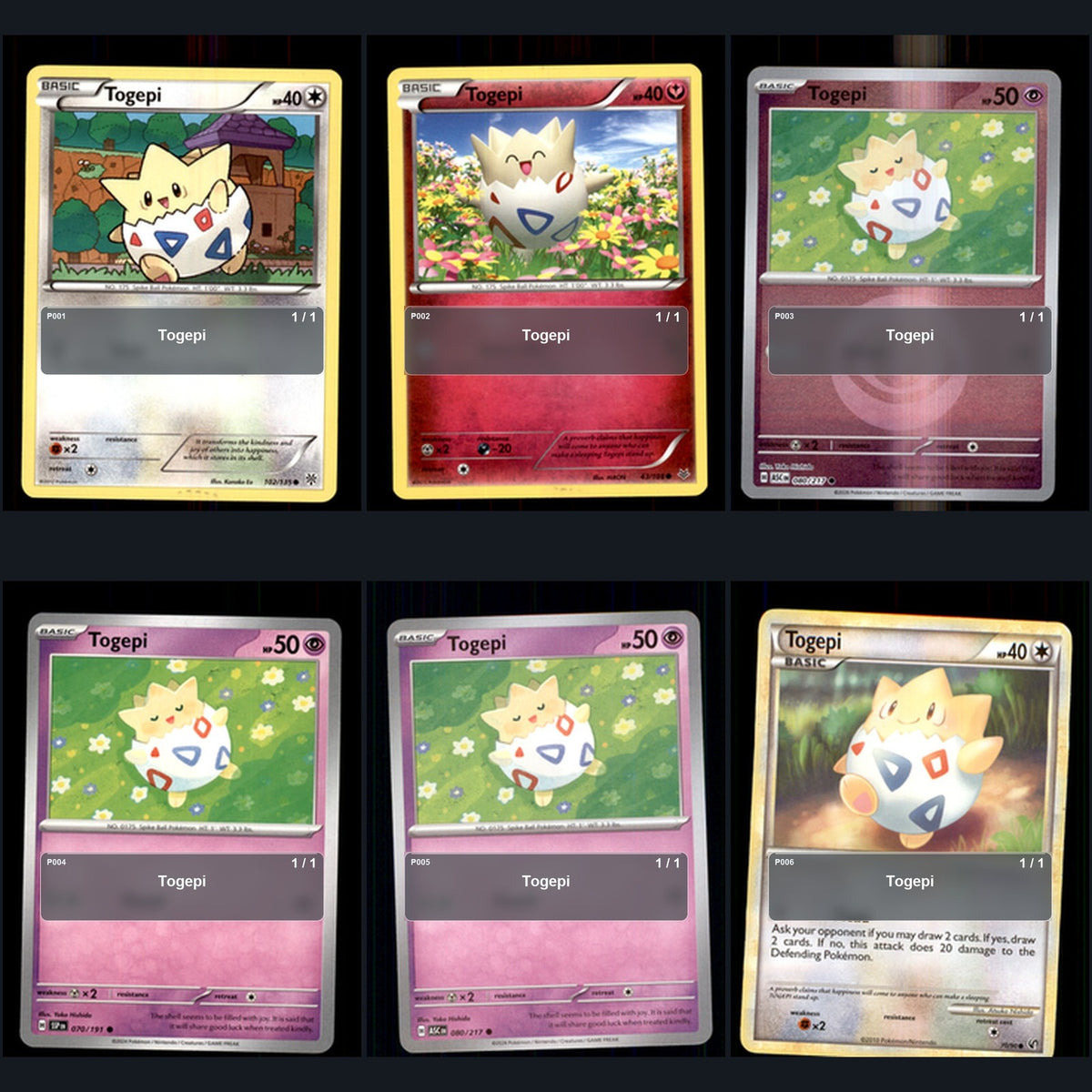 Pokemon TCG Togepi Species Collection 6 Different Cards