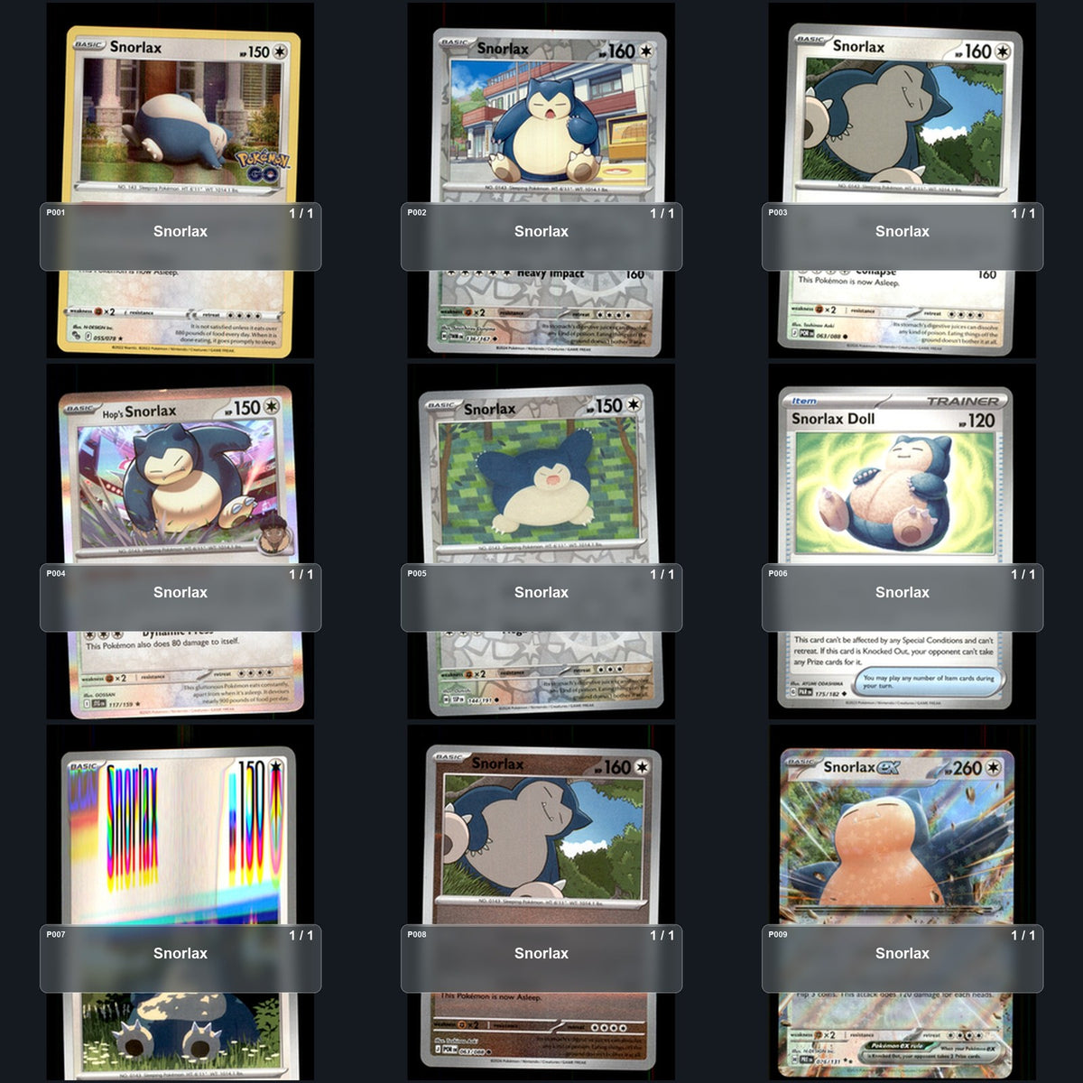 Pokemon TCG Snorlax Pokemon Species Collection 9 Different Cards Collection