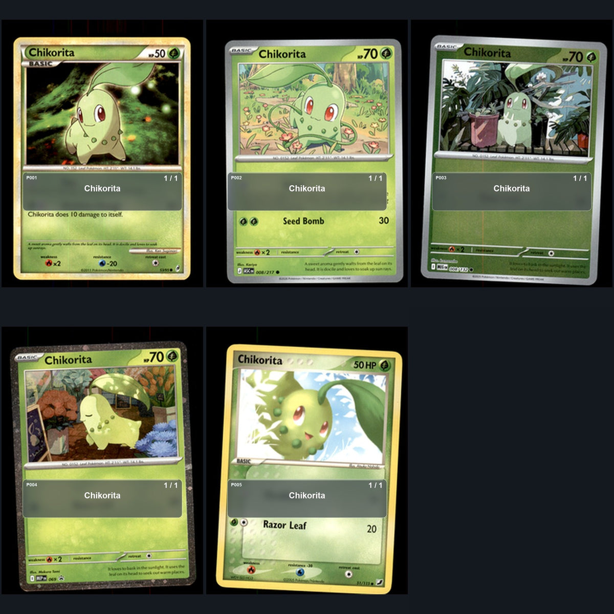 Pokemon TCG Chikorita Species Collection 5 Different Cards