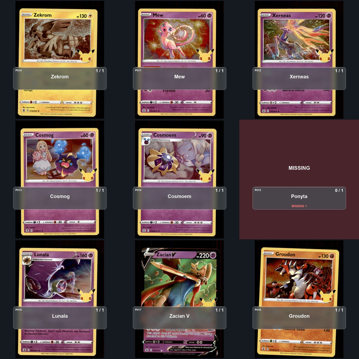 Pokemon TCG Celebrations Partial Master Set Lot 18 Cards Master Set Collection