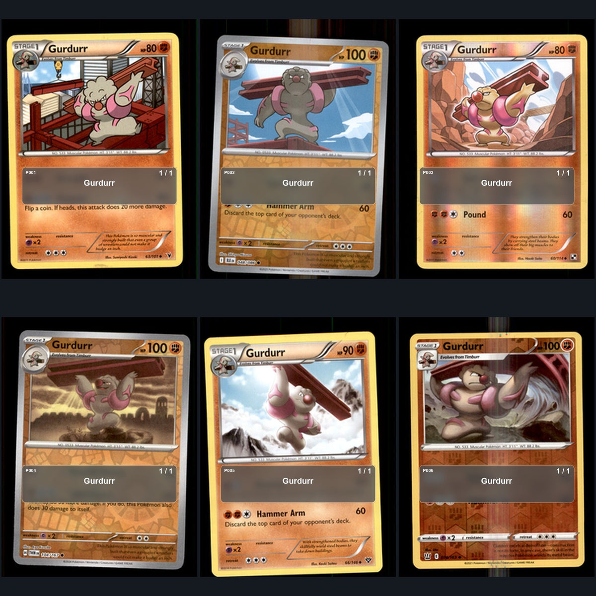 Pokemon TCG Gurdurr Species Collection 6 Different Cards