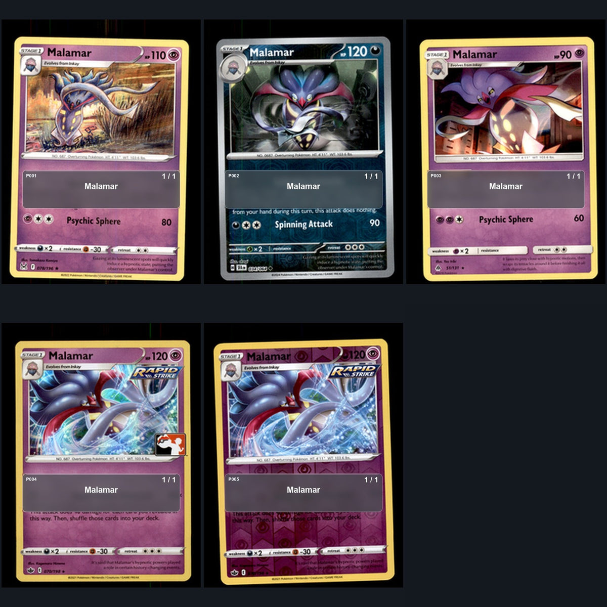 Pokemon TCG Malamar Species Collection 5 Different Cards