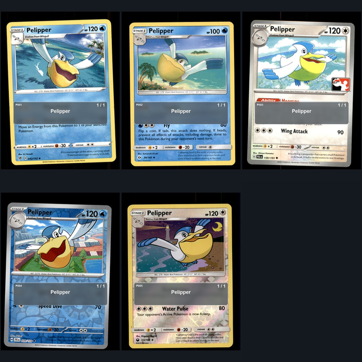 Pokemon TCG Pelipper Species Collection 5 Different Cards