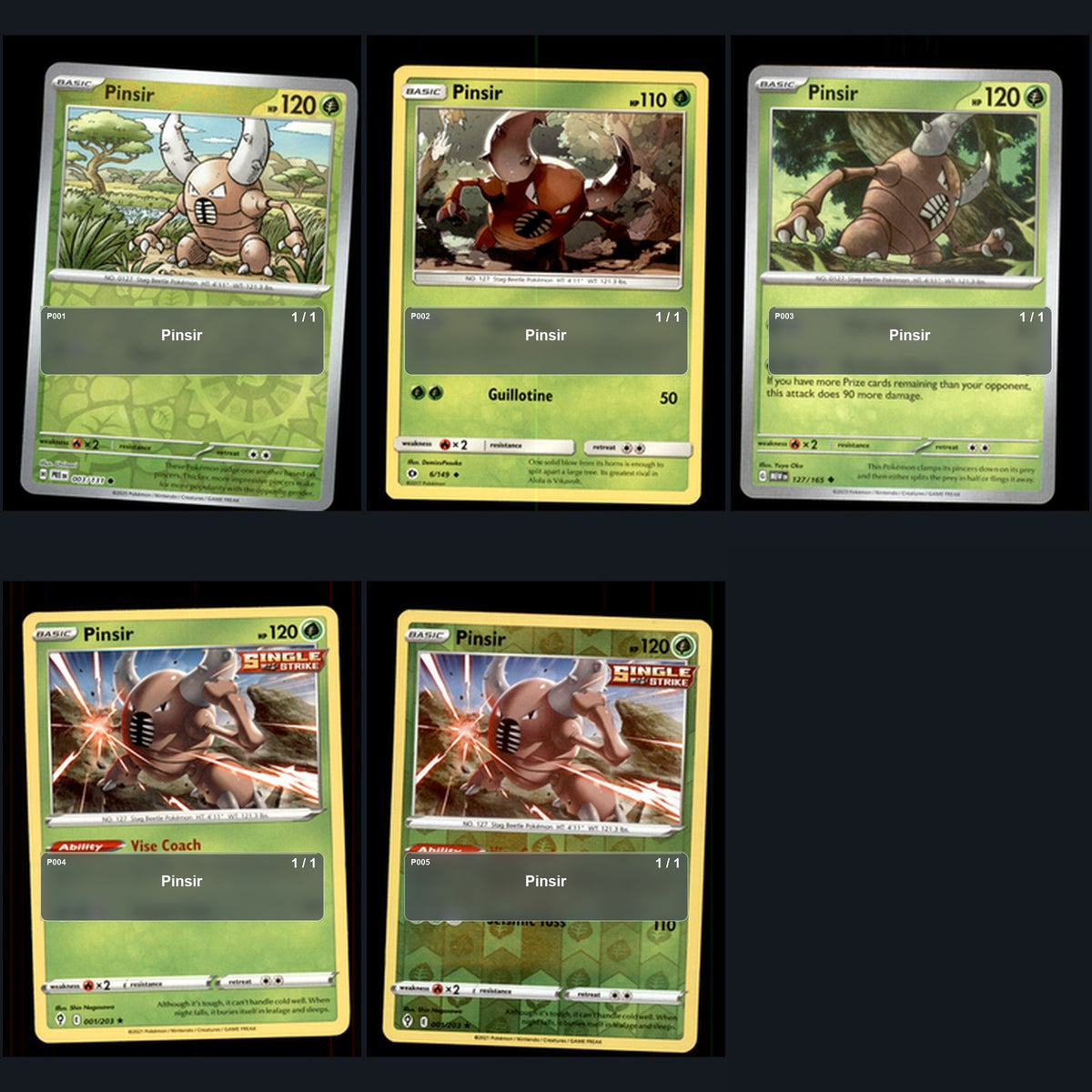 Pokemon TCG Pinsir Species Collection 5 Different Cards