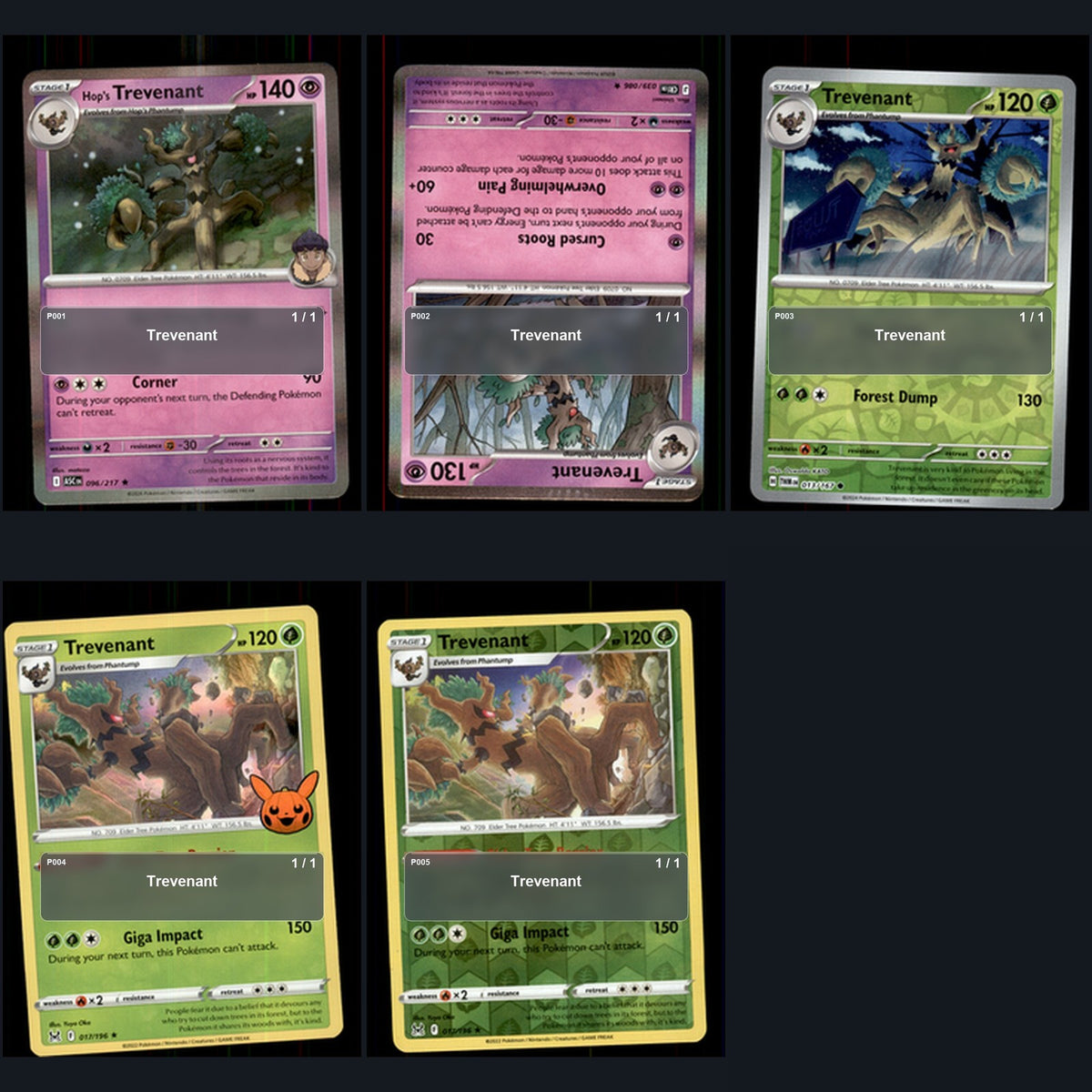 Pokemon TCG Trevenant Species Collection 5 Different Cards