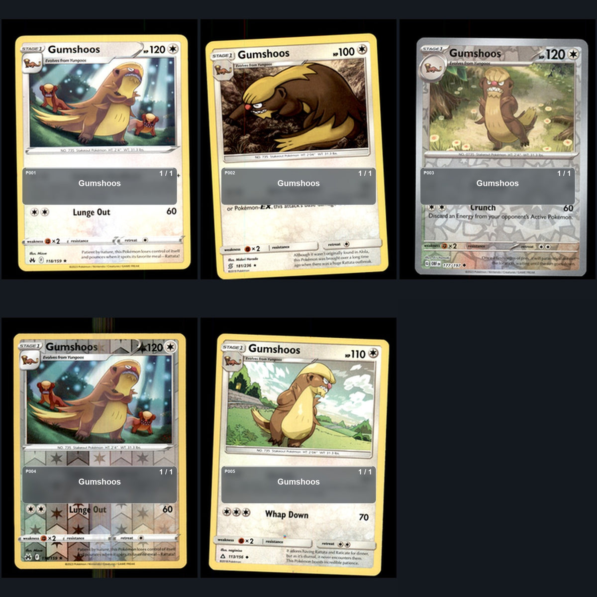Pokemon TCG Gumshoos Species Collection 5 Different Cards