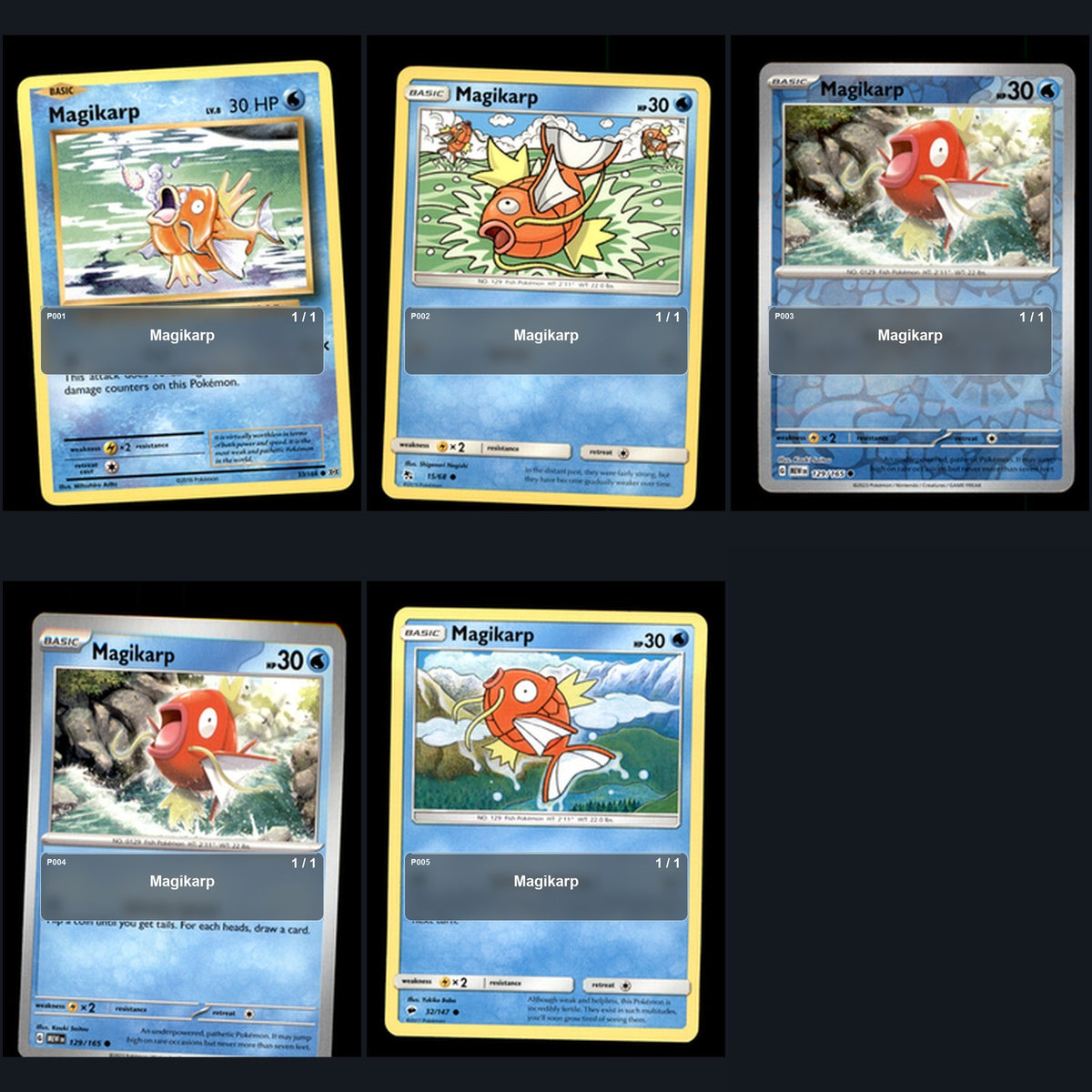 Pokemon TCG Magikarp Species Collection 5 Different Cards