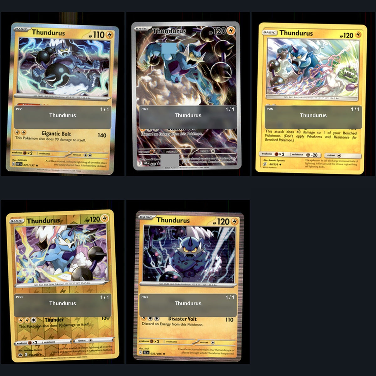 Pokemon TCG Thundurus Species Collection 5 Different Cards