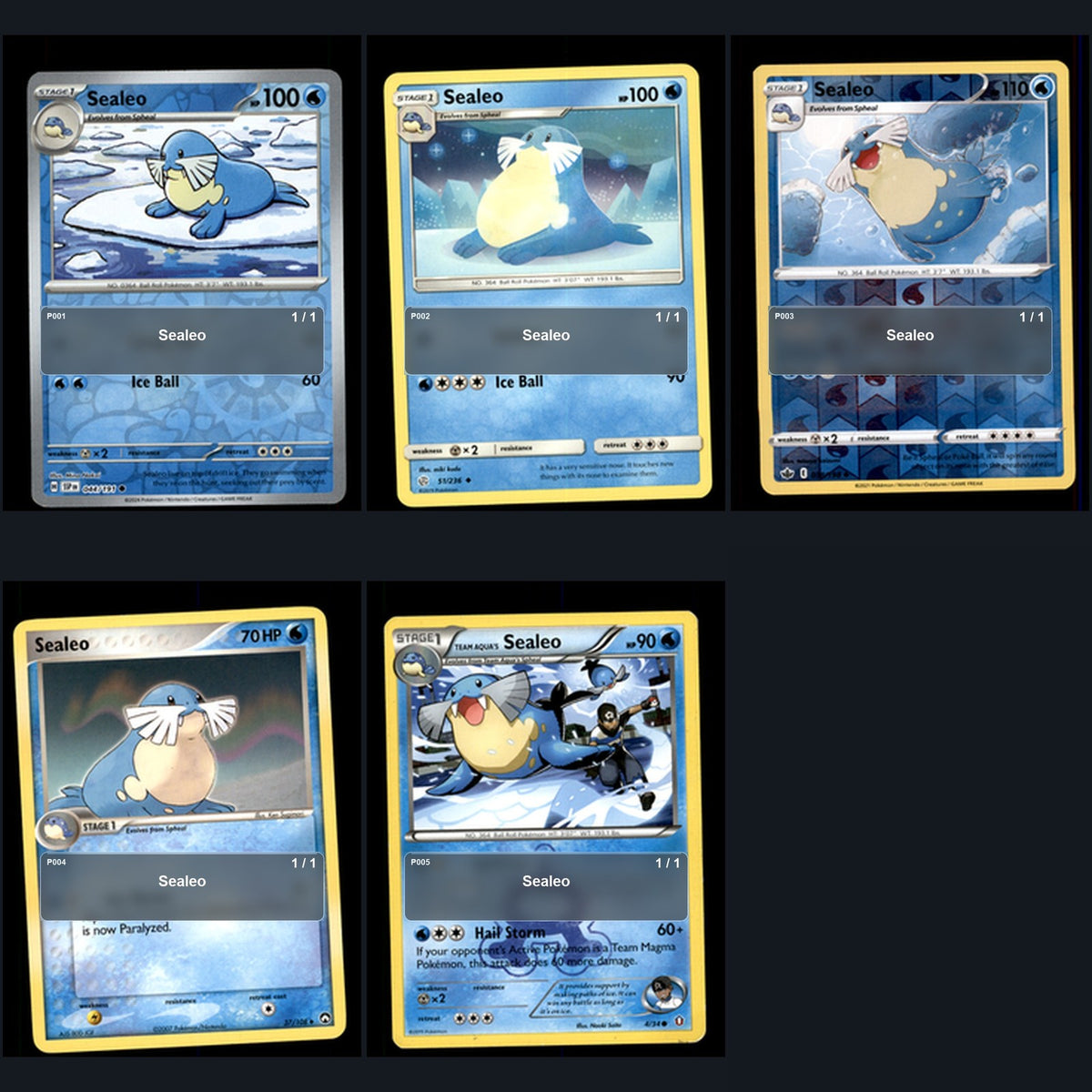 Pokemon TCG Sealeo Species Collection 5 Different Cards
