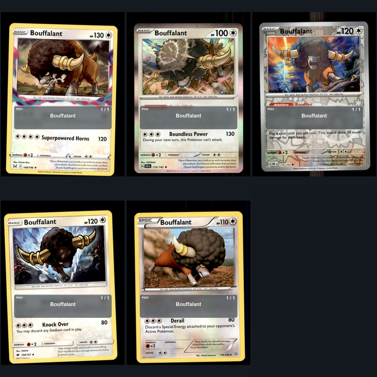 Pokemon TCG Bouffalant Species Collection 5 Different Cards
