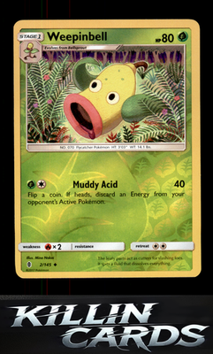 Reverse Holofoil Weepinbell 2/145 Pokemon Uncommon SM - Guardians Rising Card NM