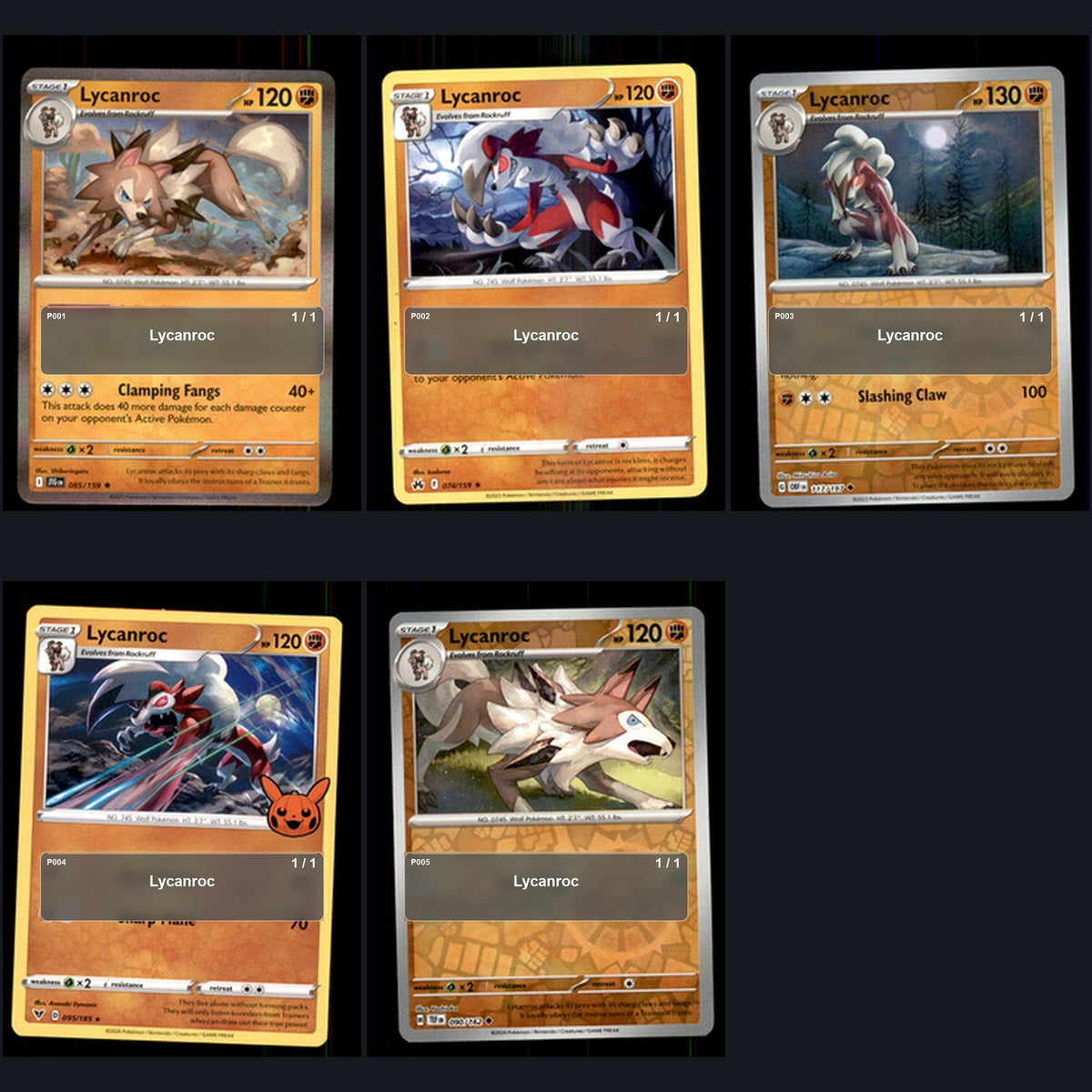 Pokemon TCG Lycanroc Species Collection 5 Different Cards