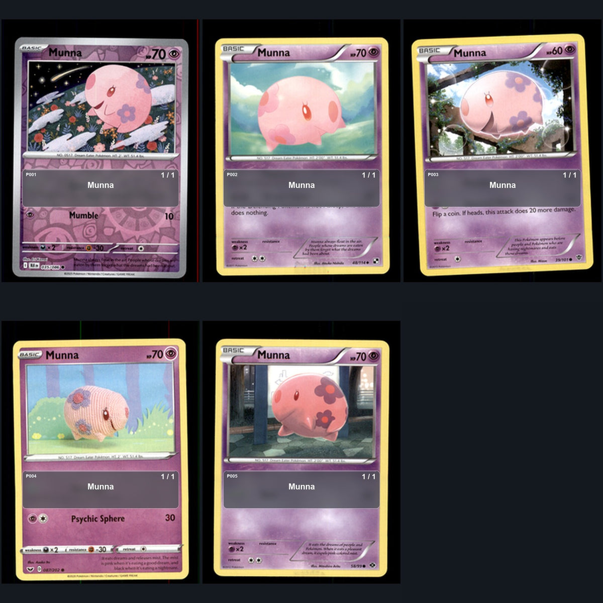 Pokemon TCG Munna Species Collection 5 Different Cards
