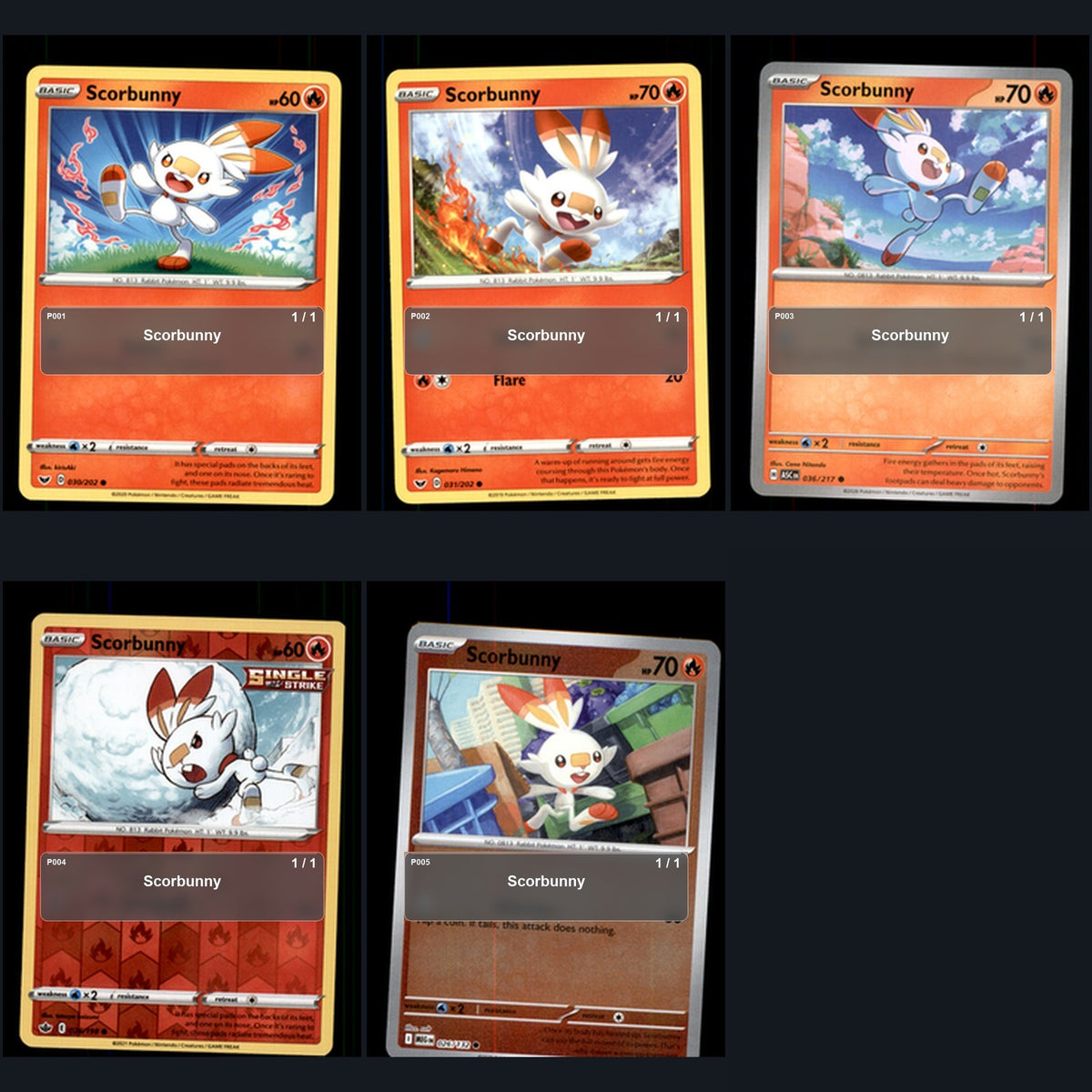 Pokemon TCG Scorbunny Species Collection 5 Different Cards