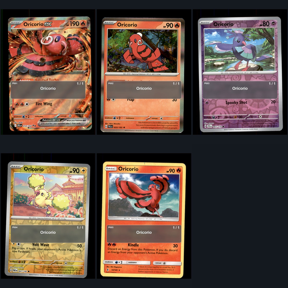 Pokemon TCG Oricorio Species Collection 5 Different Cards