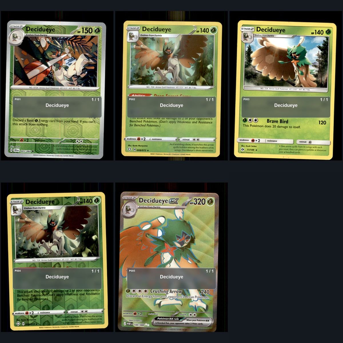 Pokemon TCG Decidueye Species Collection 5 Different Cards