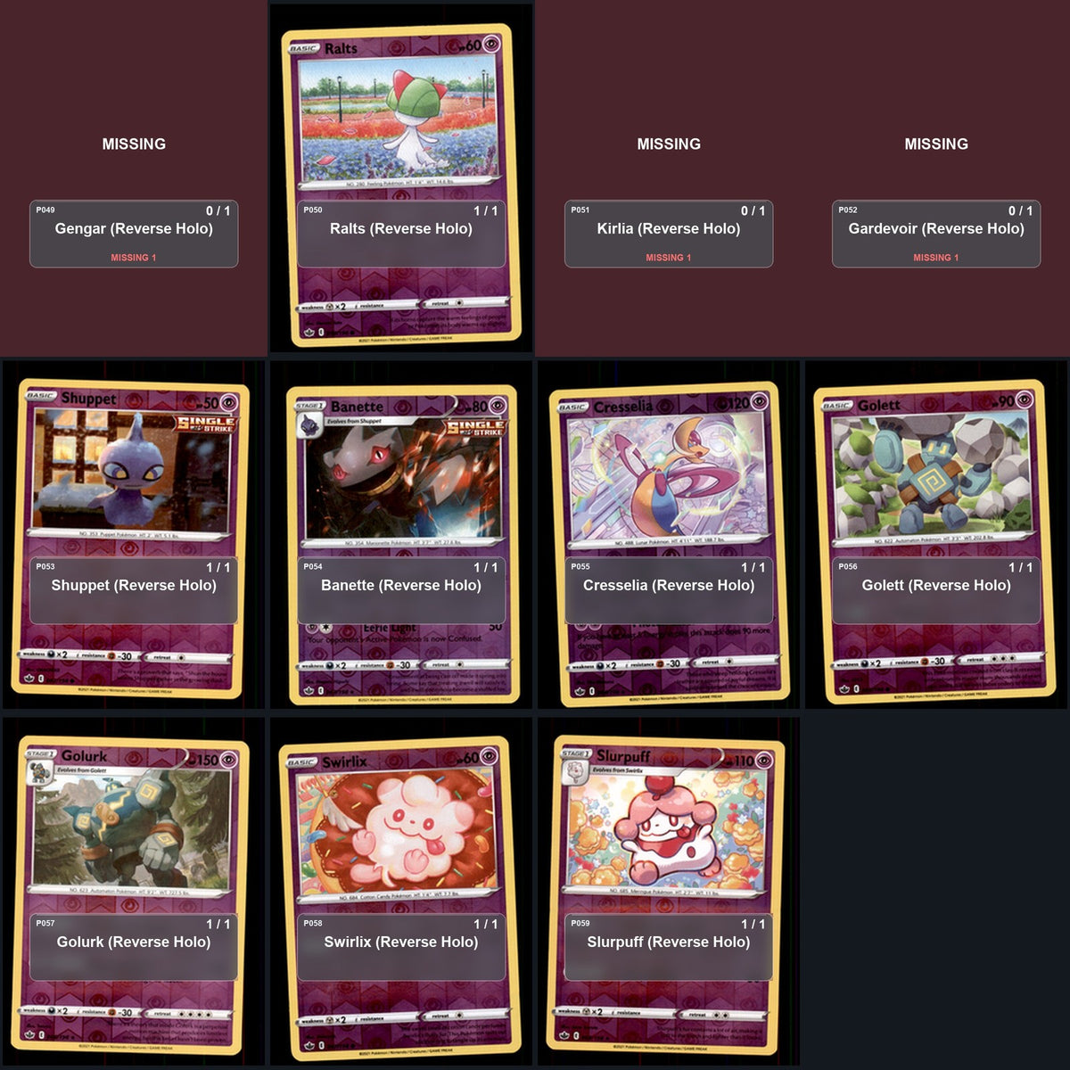 Pokemon TCG SWSH06: Chilling Reign Reverse Holo Master Set 102 Reverse Holo Card