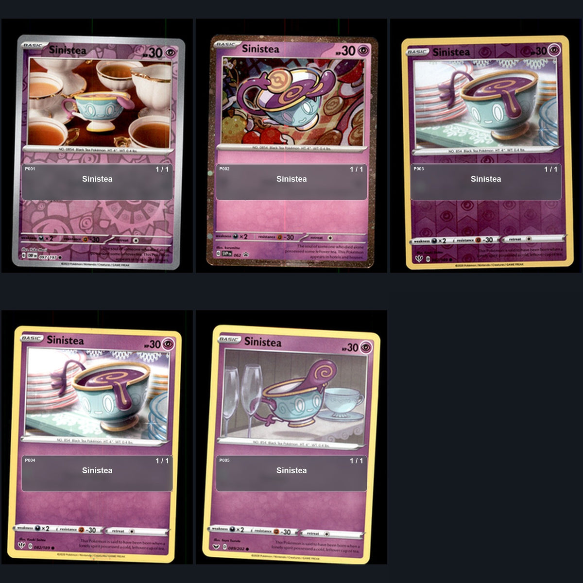Pokemon TCG Sinistea Species Collection 5 Different Cards