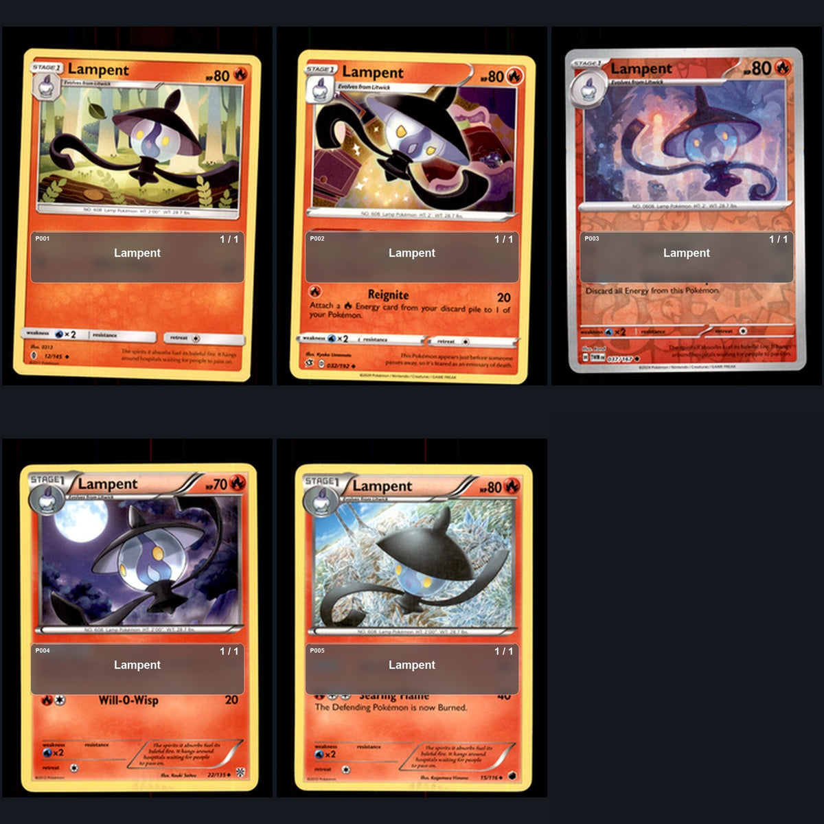 Pokemon TCG Lampent Species Collection 5 Different Cards