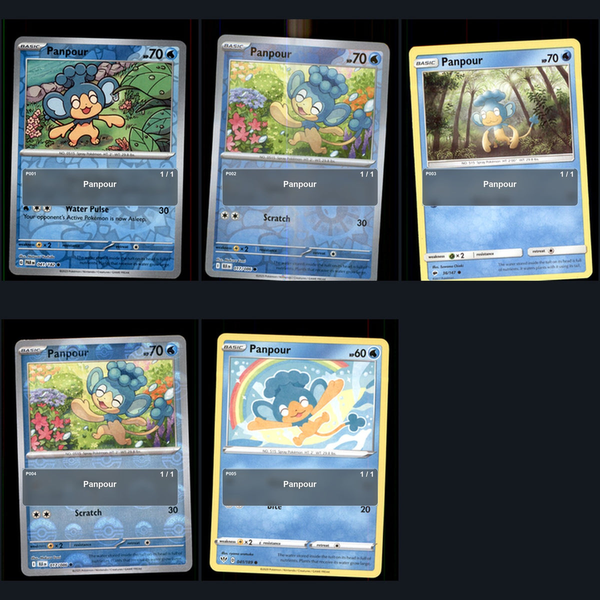 Pokemon TCG Panpour Species Collection 5 Different Cards