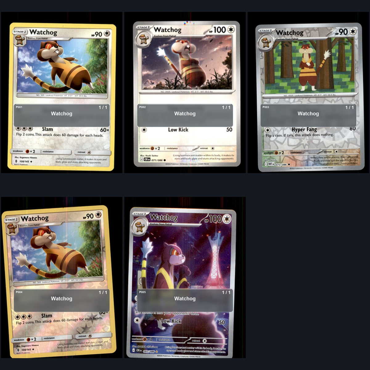 Pokemon TCG Watchog Species Collection 5 Different Cards
