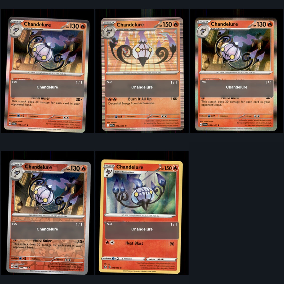Pokemon TCG Chandelure Species Collection 5 Different Cards