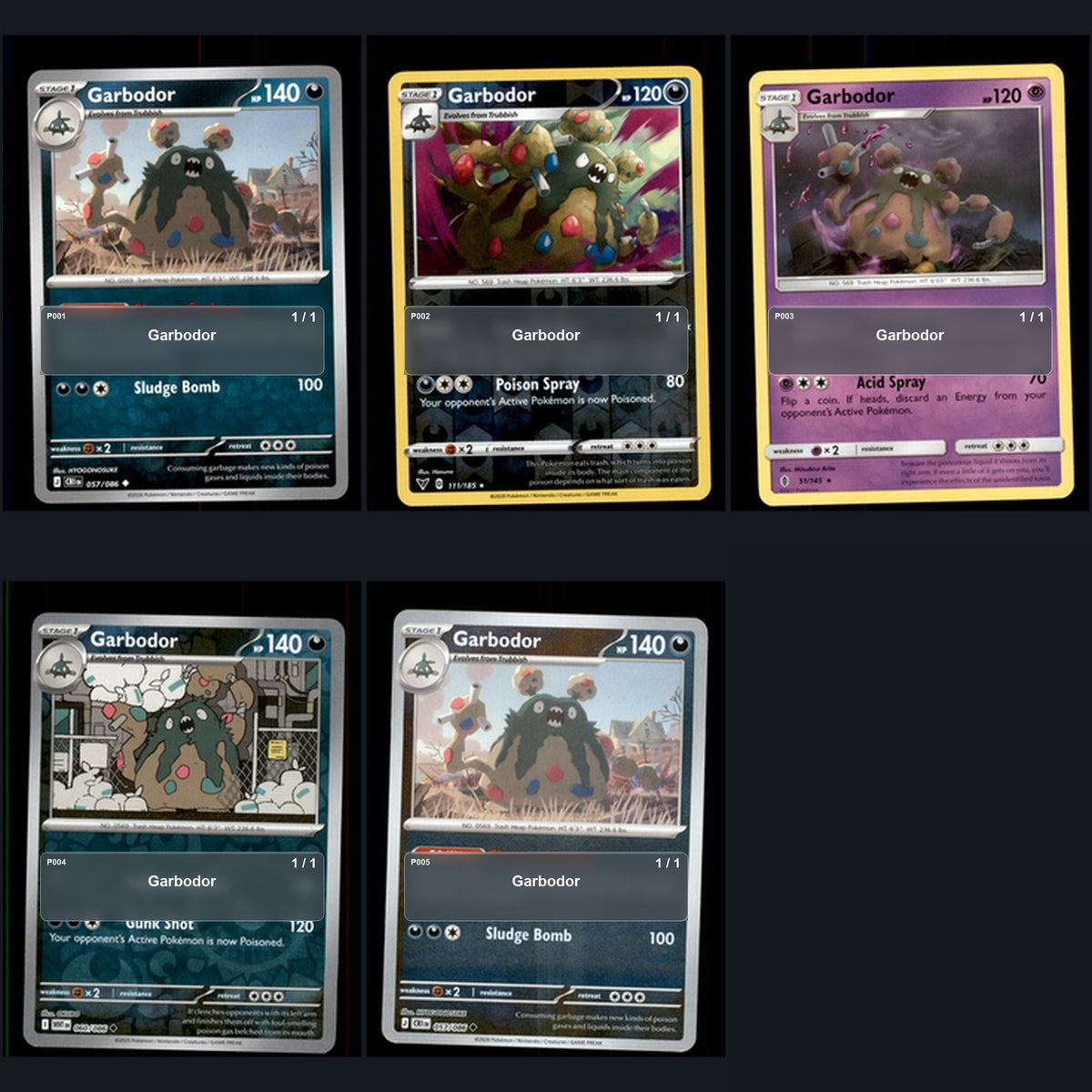 Pokemon TCG Garbodor Species Collection 5 Different Cards
