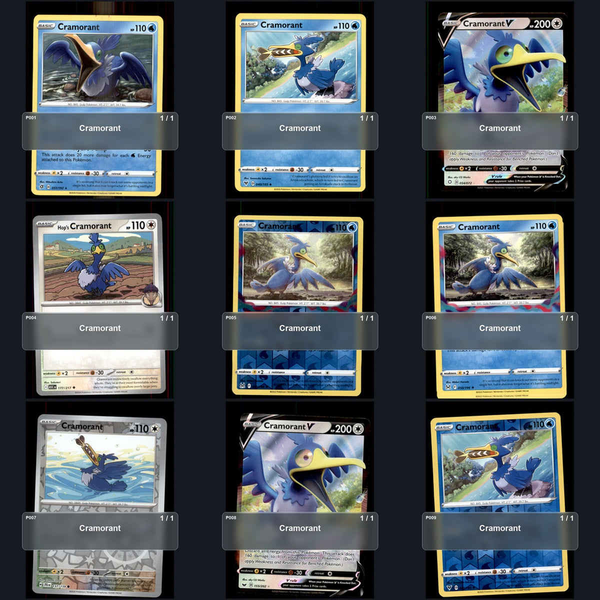 Pokemon TCG Cramorant Species Collection 9 Different Cards