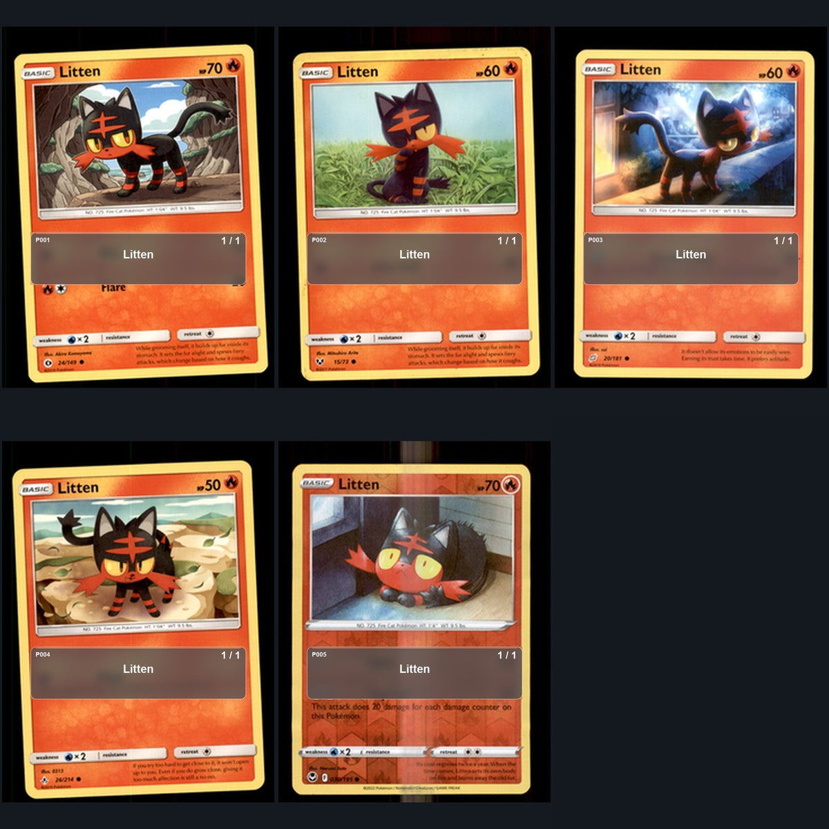 Pokemon TCG Litten Species Collection 5 Different Cards