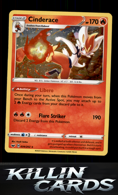 Cinderace (034) 034/202 Pokemon Holo Rare SWSH01: Sword & Shield Base Set Card N
