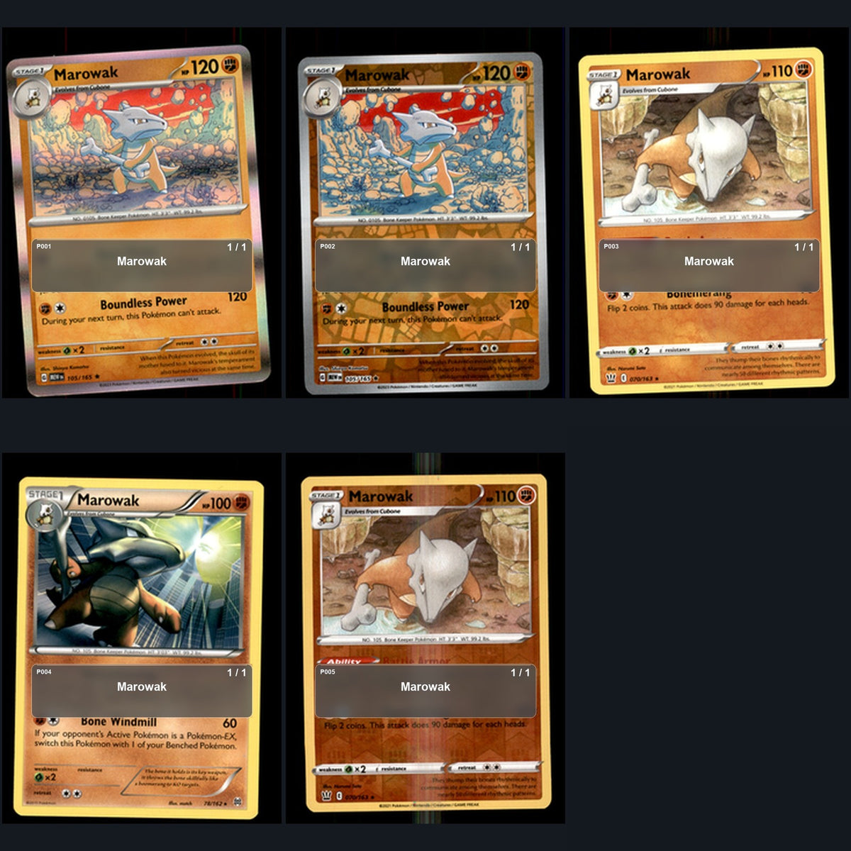Pokemon TCG Marowak Species Collection 5 Different Cards