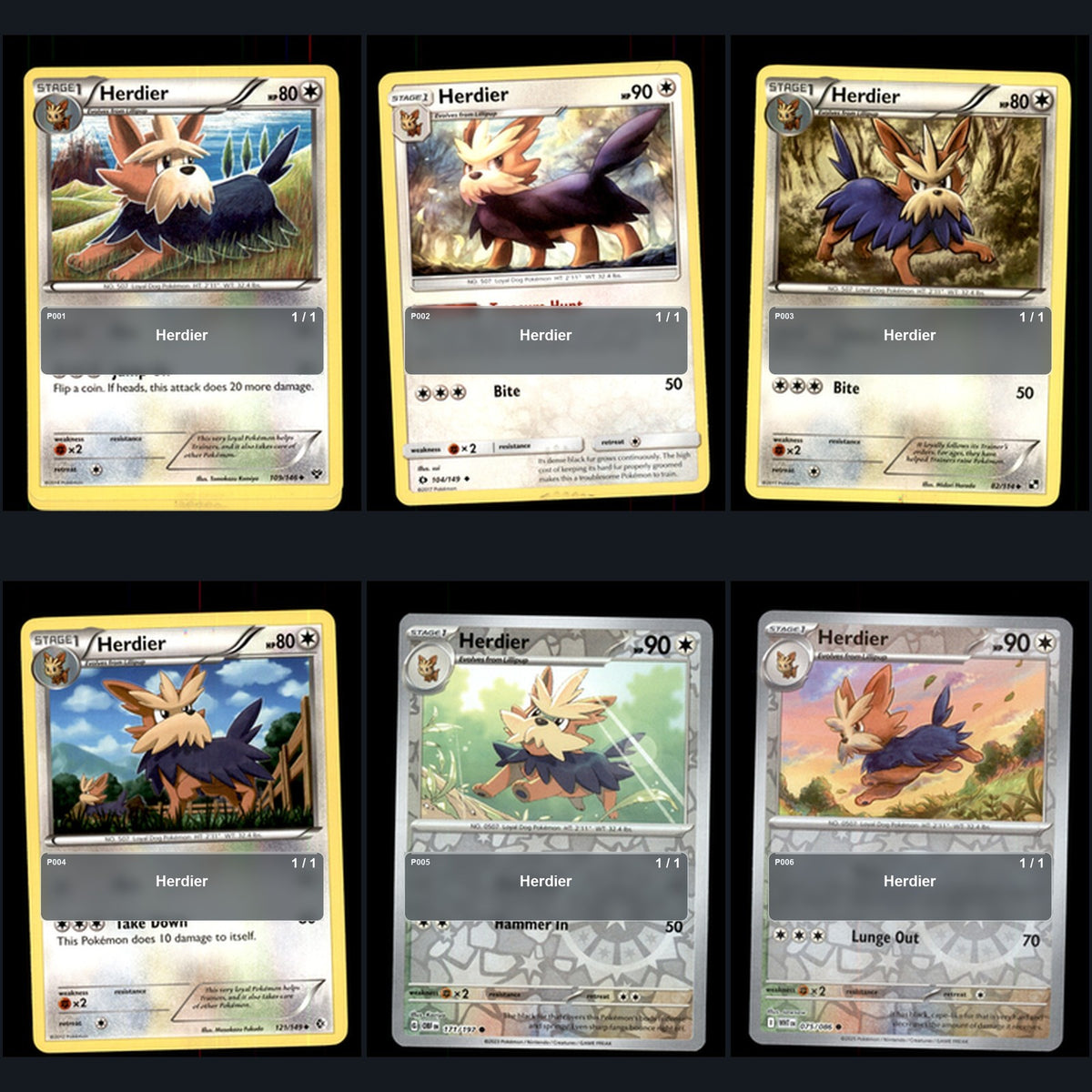 Pokemon TCG Herdier Species Collection 6 Different Cards