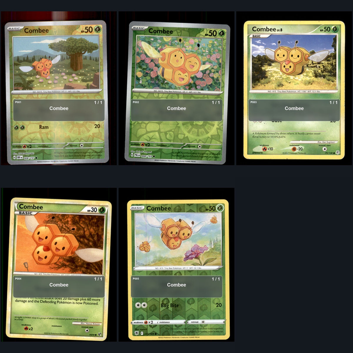 Pokemon TCG Combee Species Collection 5 Different Cards