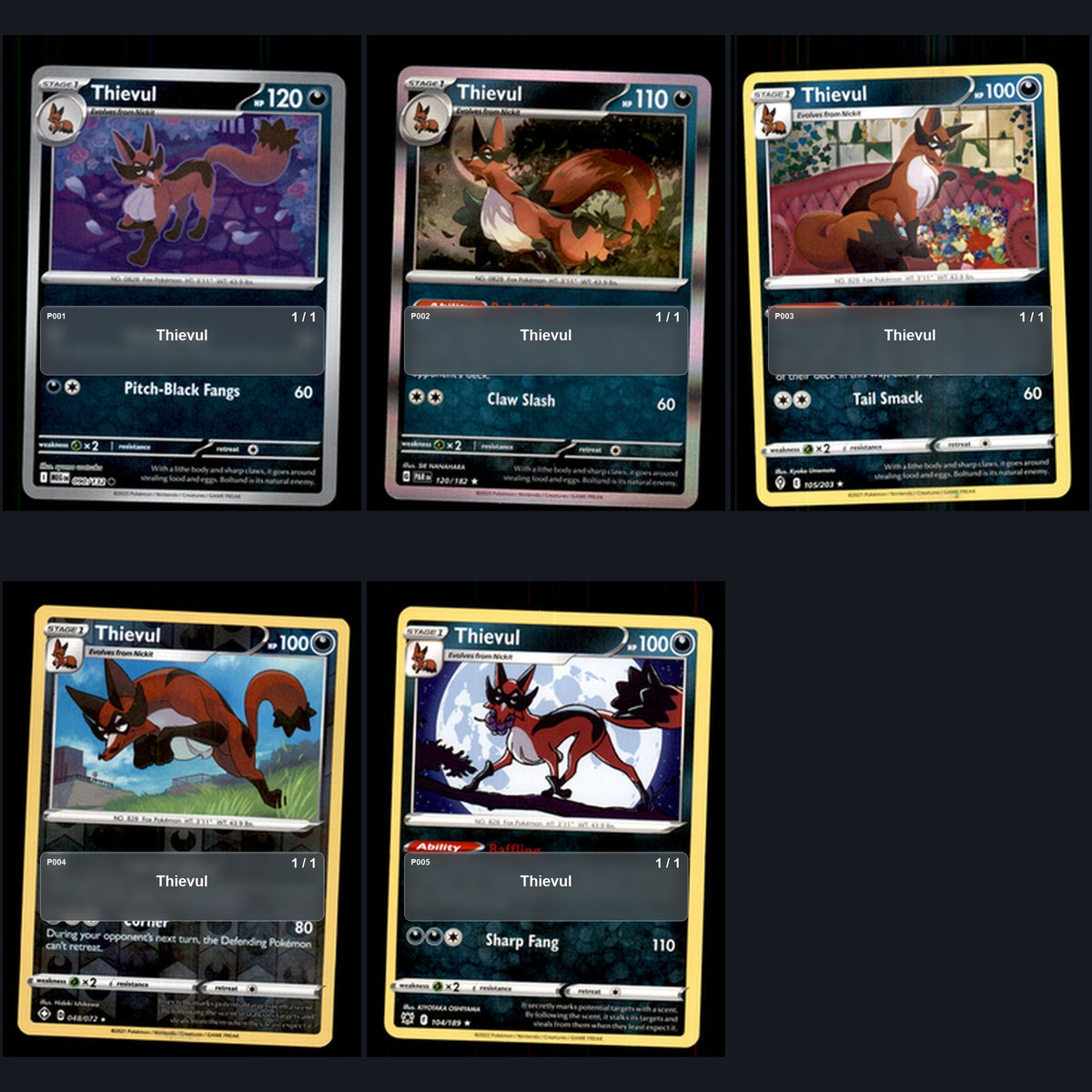 Pokemon TCG Thievul Species Collection 5 Different Cards