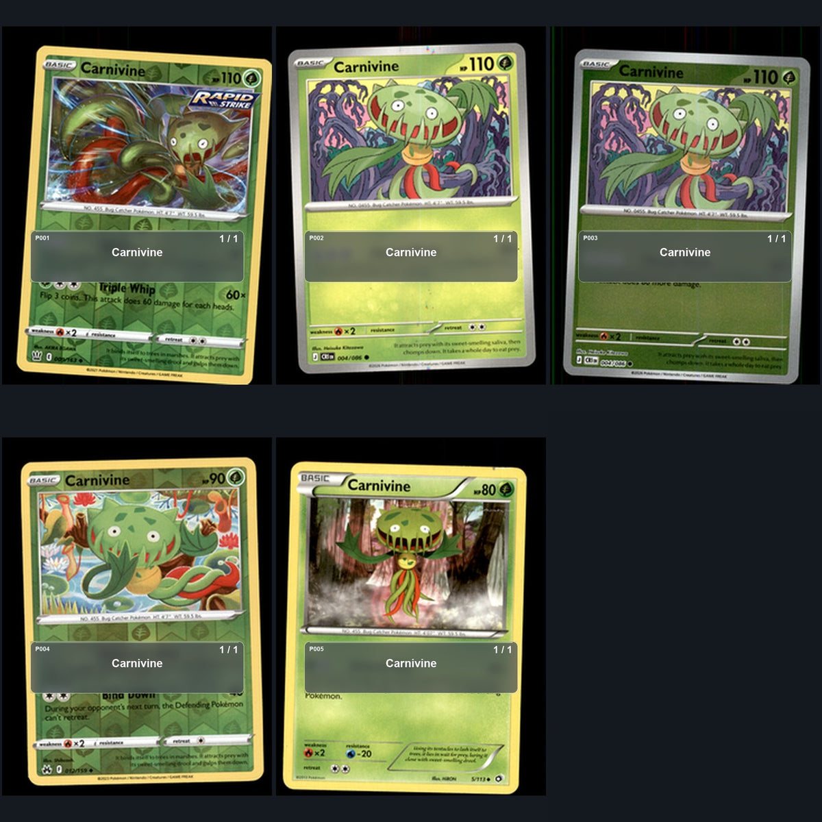 Pokemon TCG Carnivine Species Collection 5 Different Cards