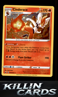 Cinderace (034) 034/202 Pokemon Holo Rare SWSH01: Sword & Shield Base Set Card N