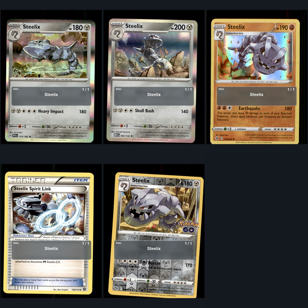 Pokemon TCG Steelix Species Collection 5 Different Cards