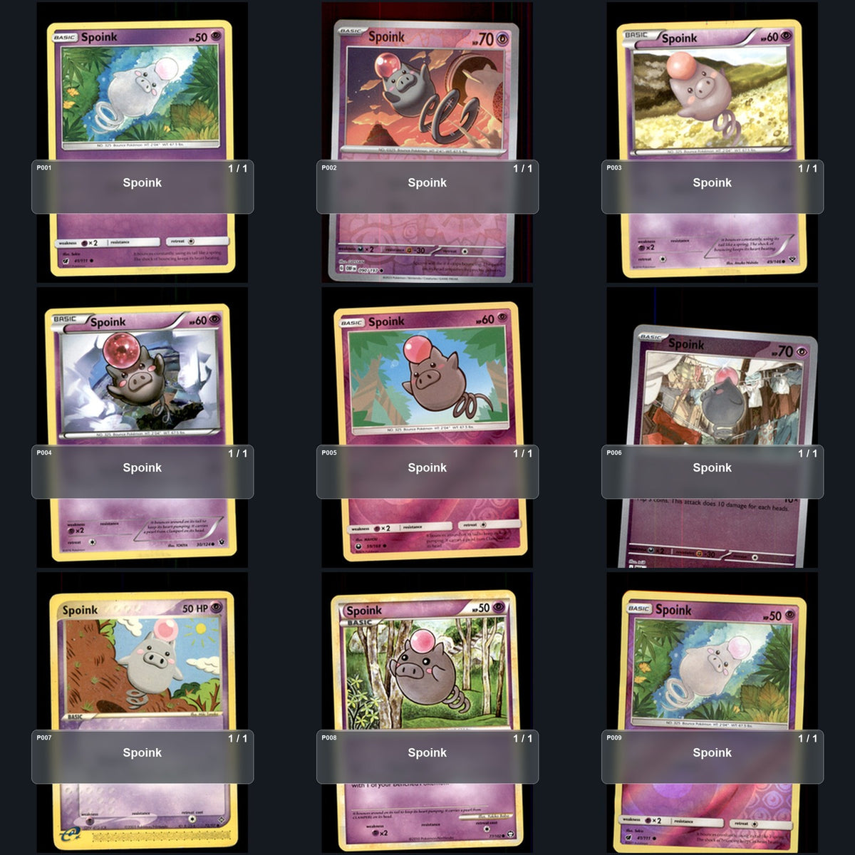 Pokemon TCG Spoink Species Collection 9 Different Cards