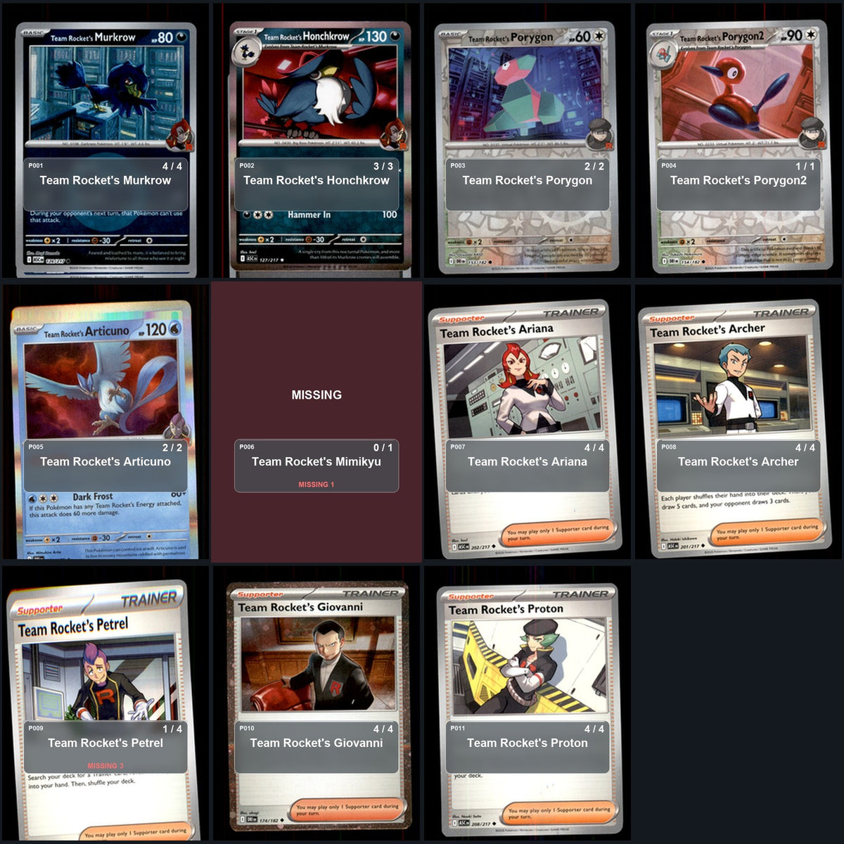 Partial Pokemon TCG Regional Nice Rocket's Honchkrow Decklist 51 Cards Deck