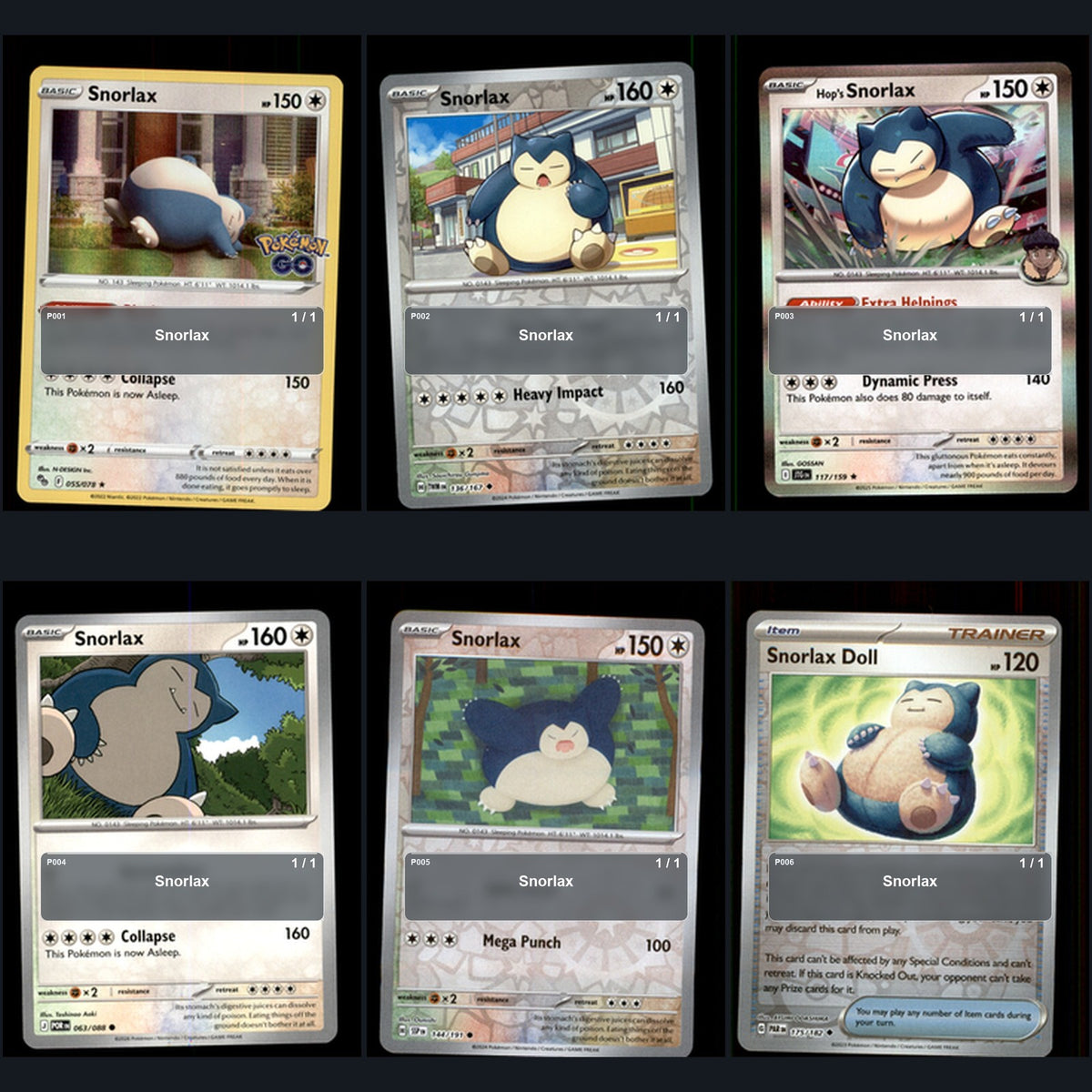 Pokemon TCG Snorlax Pokemon Species Collection 6 Different Cards Collection