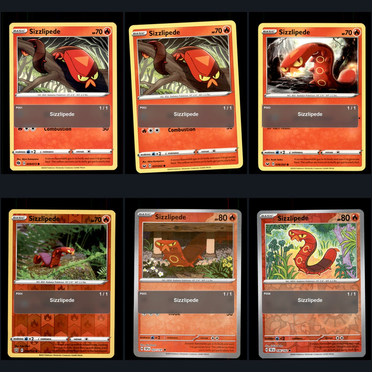 Pokemon TCG Sizzlipede Species Collection 6 Different Cards