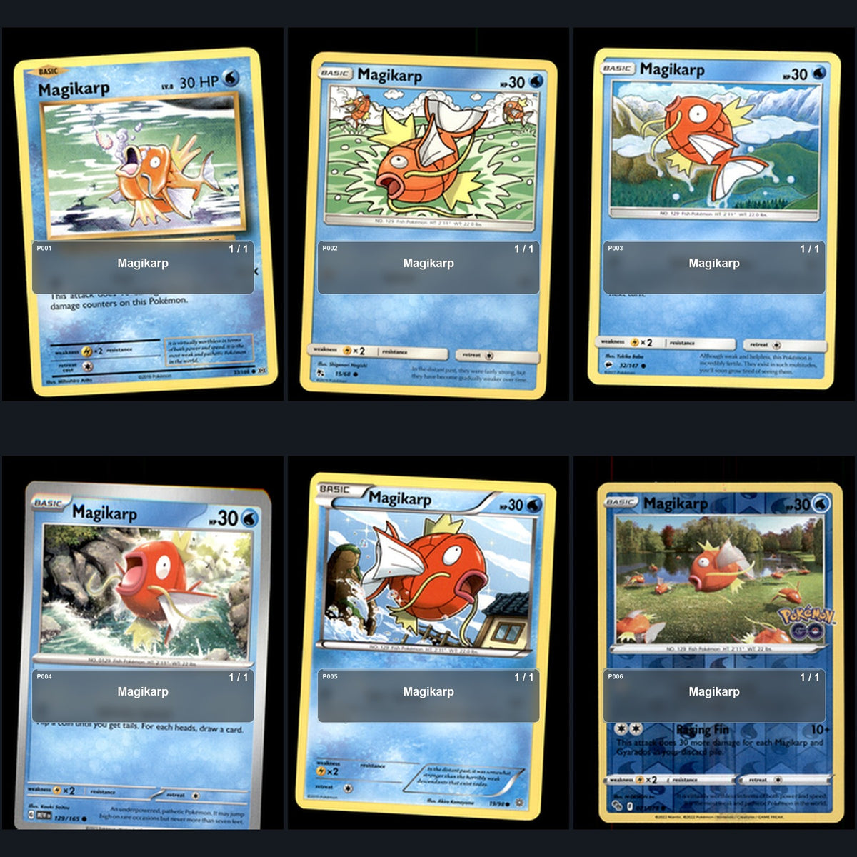 Pokemon TCG Magikarp Species Collection 6 Different Cards